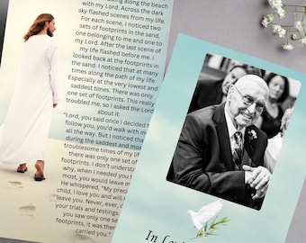 Tarjetas de oración, Poema de huellas, Huellas en la arena, Tarjetas de oración católicas, Jesús, Funeral, Tarjetas conmemorativas, Servicio conmemorativo, Plantilla