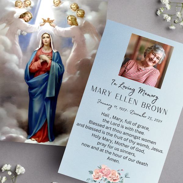 Prayer Card, Mary, Virgin Mary, Assumption of Mary, Catholic, Mother Mary, Funeral Card, Memorial Service, May Crowning, Template,Saint Card