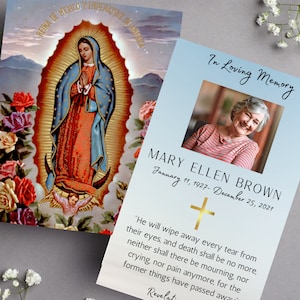 Cartes de prière, Notre-Dame de Guadalupe, Cartes de prière catholiques, Mère Marie, Funérailles, Cartes commémoratives, Service commémoratif, Modèle, Personnalisable