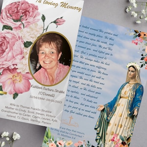 Cartes de prière, couronnement de mai, Assomption de Marie, cartes de prière catholiques, Mère Marie, funérailles, cartes commémoratives, service commémoratif, modèle, Rose