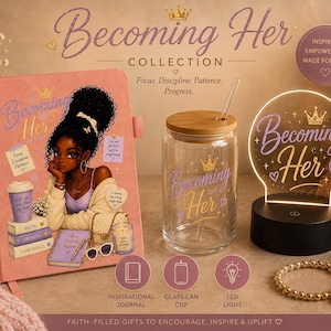 May include: A pink journal with an illustration of a person, a clear glass can cup with a bamboo lid and straw, and a circular LED light, all featuring the text Becoming Her, alongside two gold-toned beaded bracelets with heart charms.