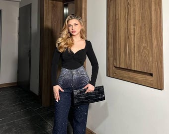 Jean noir évasé avec strass taille haute en denim brillant, Année 2000 glam