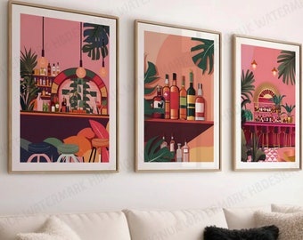 Retro Cocktail Bar Prints - Set of 3 | Kitchen Poster | Vintage Bar Wall Art | Martini Print | Home Bar Illustration Decor | Modern Boho