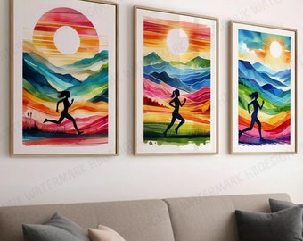 Colourful Running Wall Art - 3 Runner Prints | Watercolour Wall Art | Women Artwork | Run Room Decor | Jogging Girl Gifts | Marathon Poster