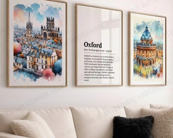 May include: Three watercolor paintings of Oxford, England. The first painting shows a cityscape with a church steeple in the background. The second painting shows the word "Oxford" with a definition. The third painting shows a building with a dome.