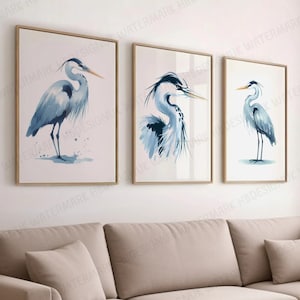 Gran conjunto de impresión de garza azul - 3 diseños de pintura / Arte de pared de acuarela / Carteles modernos de aves grandes / Decoración costera / Ilustración de obras de arte