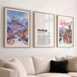 Sheffield Poster Prints - Set of 3 Posters | England Travel Wall Art | North UK Home Decor | Artwork Gifts | Watercolour Painting Design