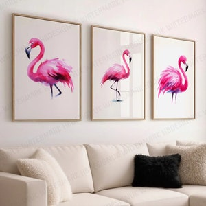 Flamingo Watercolour Print Set - 3 Painting Designs | Flamingos Wall Art | Beach House Decor | Pink Gifts | Modern Bird Coastal Artwork