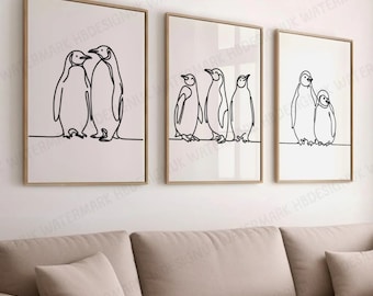 Minimal Penguin Prints - Set of 3 Posters | Line Drawing Decor Print | Animal Wall Art | Wildlife Gift | Pictures of Penguins | Black White