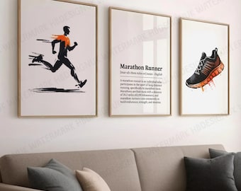 Póster de corredor de maratón: 3 impresiones, arte mural en acuarela, obra de arte de definición, decoración para sala de correr, regalos para hombres que trotan, regalo para niños