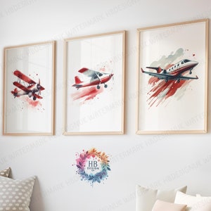Red Plane Print Set - 3 Posters | Airplane Wall Art | Boys Girls Bedroom Artwork | Playroom Watercolour Design | Kids Nursery Gift Decor