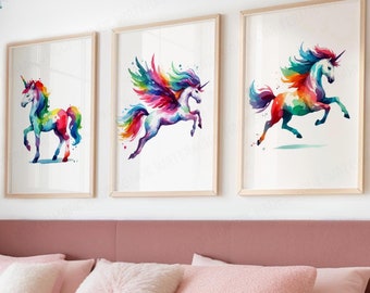 Girls Unicorn Nursery Prints - Set of 3 | Baby Girls Room Decor | Personalised Wall Art | Girl Rainbow Bedroom | Toddler Playroom Picture