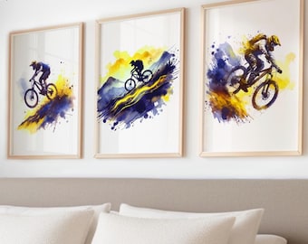 Mountain Biker Prints - Set of 3 Posters | Biker Wall Art | Watercolour Decor Gift | Cycling Artwork | Boys  Bedroom Gifts | Yellow Biking
