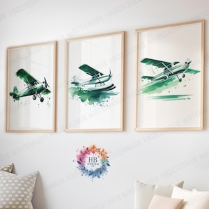 Green Plane Print Set - 3 Posters | Airplane Wall Art | Boys Bedroom Artwork | Colourful Watercolor Design | Kids Nursery Gifts Decor