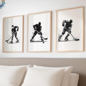 Ice Hockey Poster Set - 3 Prints | Black and White | Watercolour Wall Art | Bedroom Decor | Hockey Player Gifts | Kids Room Wall Art Gift