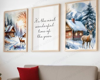 Juego de arte mural navideño: 3 carteles sin marco, impresiones festivas de renos, arte mural navideño, obras de arte invernales, decoración con impresión de acuarela tamaño A4 y A3