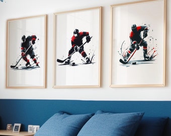 Ice Hockey Poster Set - 3 Prints | Red and Black | Watercolour Wall Art | Boys Bedroom Decor | Hockey Player Gifts | Kids Poster Set of 3