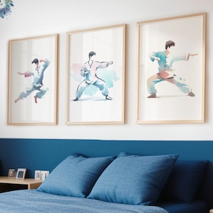 Kung Fu Wall Art Set - 3 Prints | Pastel Print Gifts | Boxing Gift | Definition Gifts | Martial Arts Poster Decor | Watercolour Artwork