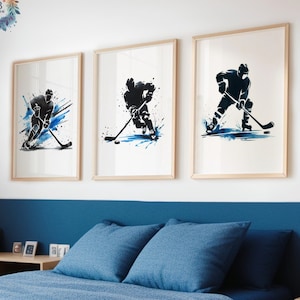 Boys Ice Hockey Print Set - 3 Posters | Blue and Black | Watercolour Wall Art | Bedroom Decor | Hockey Player Gifts | Kids Room Poster