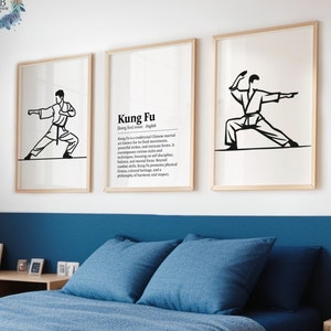 Set di stampe minimaliste di Kung Fu - 3 stampe / Regali di arte murale / Regalo di boxe / Regali di definizione / Decorazione poster di arti marziali / Opere d'arte per la camera dei ragazzi