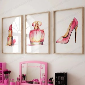 Láminas para dormitorio de adolescentes: juego de 3 carteles, decoración de dormitorio de niñas en color rosa, arte de pared para estación de maquillaje, ilustraciones de perfumes, láminas para dormitorio de niñas en tamaño A4