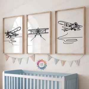 Minimal Vintage Airplane Print Set - 3 Posters | Boys Bedroom Artwork | Plane Wall Art | Aircraft Line Drawing Design | Pilot Gifts Decor