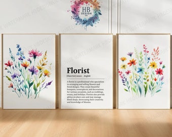 May include: Three watercolour floral prints with a definition of the word "florist" in the centre. The prints feature colourful flowers with green leaves on a white background.