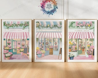 May include: Three framed illustrations of flower shops with pink and white striped awnings, green plants, and the text "Flower Shop" above the door.