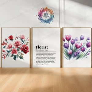 Florist Wall Art - Set of 3 Prints | Flower Shop Posters | Roses Decor Print | Florist Gift | Floral Definition | Flower Market Gifts