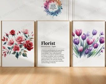May include: Three watercolour paintings of flowers. The first painting is of red roses, the second is a definition of the word "florist", and the third is of purple tulips. The paintings are framed and ready to hang.