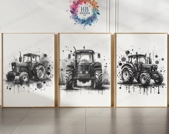 Set di 3 stampe ad acquerello di trattori - Poster / Decorazioni per la cameretta dei ragazzi / Quadri da parete a tema fattoria / Poster di trattori / Regalo per la cameretta a tema fattoria