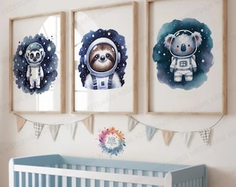 Nursery Space Prints - Set of 3 Watercolour Posters | Boys Bedroom Artwork | Kids Wall Art Decor | Baby Animal Astronaut Room Collection |
