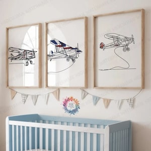 Vintage Plane Print Set - 3 Posters | Boys Bedroom Artwork | Airplane Wall Art | Nursery Line Drawing Design | Kids Gifts Decor | GB Style