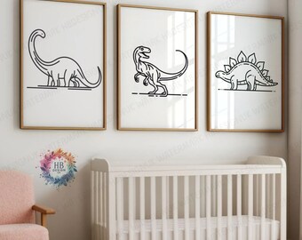 Dinosaur Nursery Prints - Set of 3 Posters | Boys Bedroom Poster | Line Drawing Dino Decor | Childrens Prints | Girls Kids Playroom Artwork