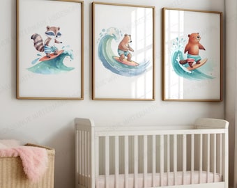 Surf Animal Prints - Set of 3 Posters | Children Surfer Wall Art | Kids Surfing Nursery Decor | Ocean Artwork Illustration | Surfboard