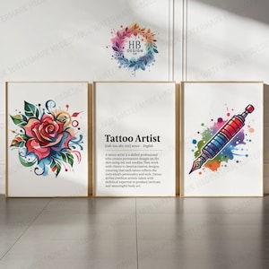 Tattoo Artist Prints - 3er Set Tattoo Shop Poster | Aquarell Wand Kunst | Tätowierer Definition Zitat | Tattoo Kunstwerk Geschenke