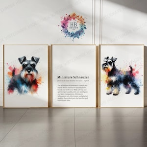 Miniature Schnauzer Dog Prints - Set of 3 Posters | Watercolor Definition Wall Art | Colourful Painting | Room Decor | Dogs Pet Artwork Gift