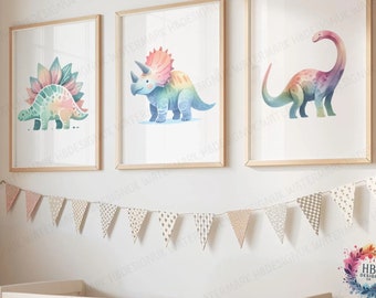Dinosaur Nursery Print Set - 3 Posters | Boys Bedroom Poster | Triceratops Dino Decor | Childrens Prints | Girls Kids Playroom Artwork