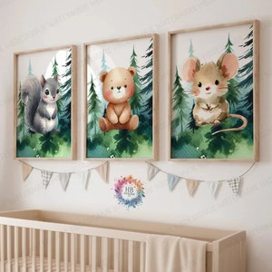 Woodland Nursery Posters - Set of 3 Animal Prints | Bear, Mouse, Squirrel | Forest Bedroom Decor | Outdoor Playroom Wall Art | Boy Girl Gift