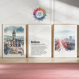 Bolton-posterafdrukken: set van 3 posters | Aquarel kunst aan de muur | Reisposter | Muurhanger | Engeland kunstwerk cadeau | Britse schilderkunst
