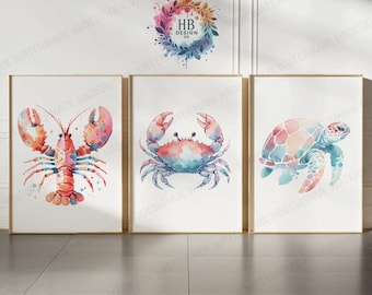 Watercolour Sea Creature Art - 3 Pastel Prints | Painting Design Wall Posters | Coastal Nautical Room Poster | Beach House Artwork Decor