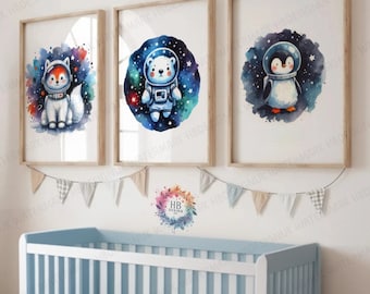 Kids Nursery Space Posters - Set of 3 Watercolour Prints | Boys Bedroom Artwork | Girls Wall Art Decor | Baby Animals Astronaut Room Prints