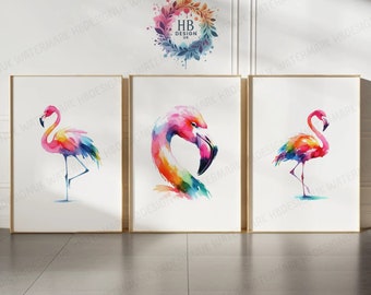 フラミンゴ水彩画アートプリントセット、鳥の壁飾り、4枚セット - Etsy