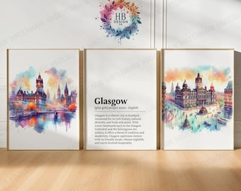 Glasgow Poster Prints - Set of 3 Posters | Scotland Travel Wall Art | UK Home Decor | Artwork Gifts | Watercolour Painting Design Print
