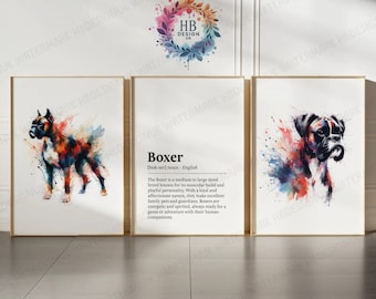 Láminas de perro bóxer - Juego de 3 pósteres / Arte mural con definición de acuarela / Pintura colorida / Decoración de habitaciones / Regalo de arte para mascotas / Amantes de las mascotas