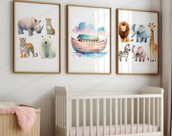 Noahs Ark Print Set - 3 Watercolour Posters | Kids Nursery Decor | Boys Girls Bedroom Artwork | Playroom Wall Art | Animal Prints