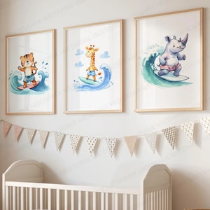 Surfer Animal Kids Prints - Set of 3 Posters | Children Surf Wall Art | Surfing Nursery Decor | Ocean Artwork Illustration | Surfboard Print