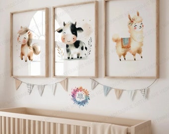 Kids Farm Animal Posters - Set of 3 Prints | Nursery Bedroom Decor | Watercolour Animals | Childrens Gifts | Boys Girls Playroom Wall Art