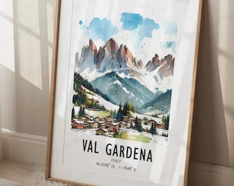 Val Gardena Poster Print - Watercolour Ski Alpine Art  | Travel Wall Artwork | Skiing Gifts | Dolomites Decor | Snowboarding Resort Gift