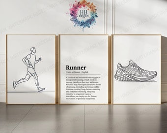 Juego de impresiones minimalistas de corredores: 3 pósteres de corredores, arte mural con dibujos lineales, ilustraciones de definición, decoración para salas de correr, regalos para correr y maratones, para niños.